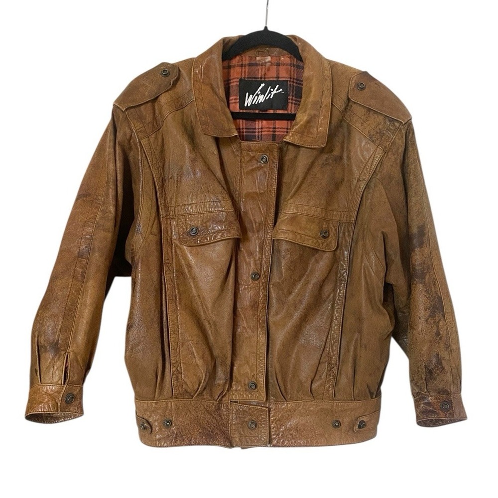 Winlit Leather Jacket Men's Medium Brown Bomber Plaid Lining Vintage Aviator